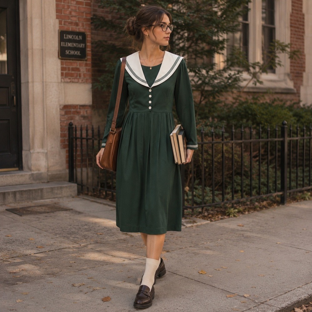 JBS Ltd Vintage 80s Green Sailor Collar Midi Dress Long Sleeve Plus Size 14W